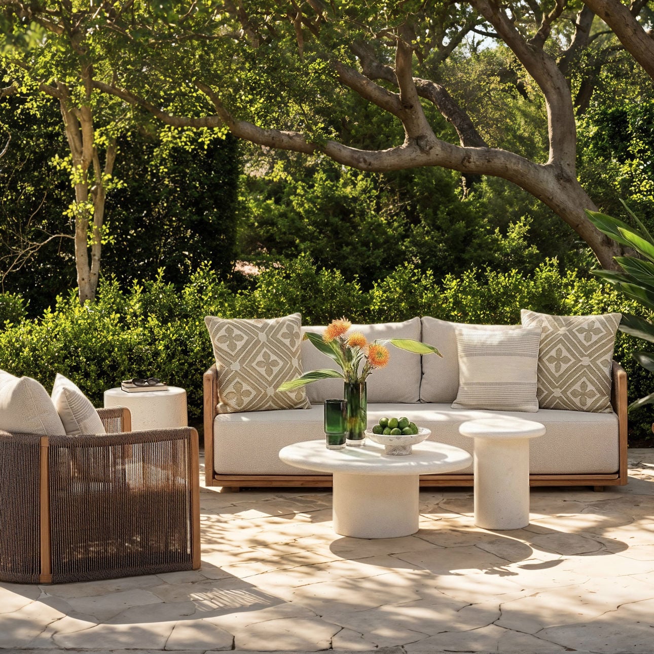 Sand and Natural Olefin Fabric and Teak Wood Sofa 86.5 in Wide