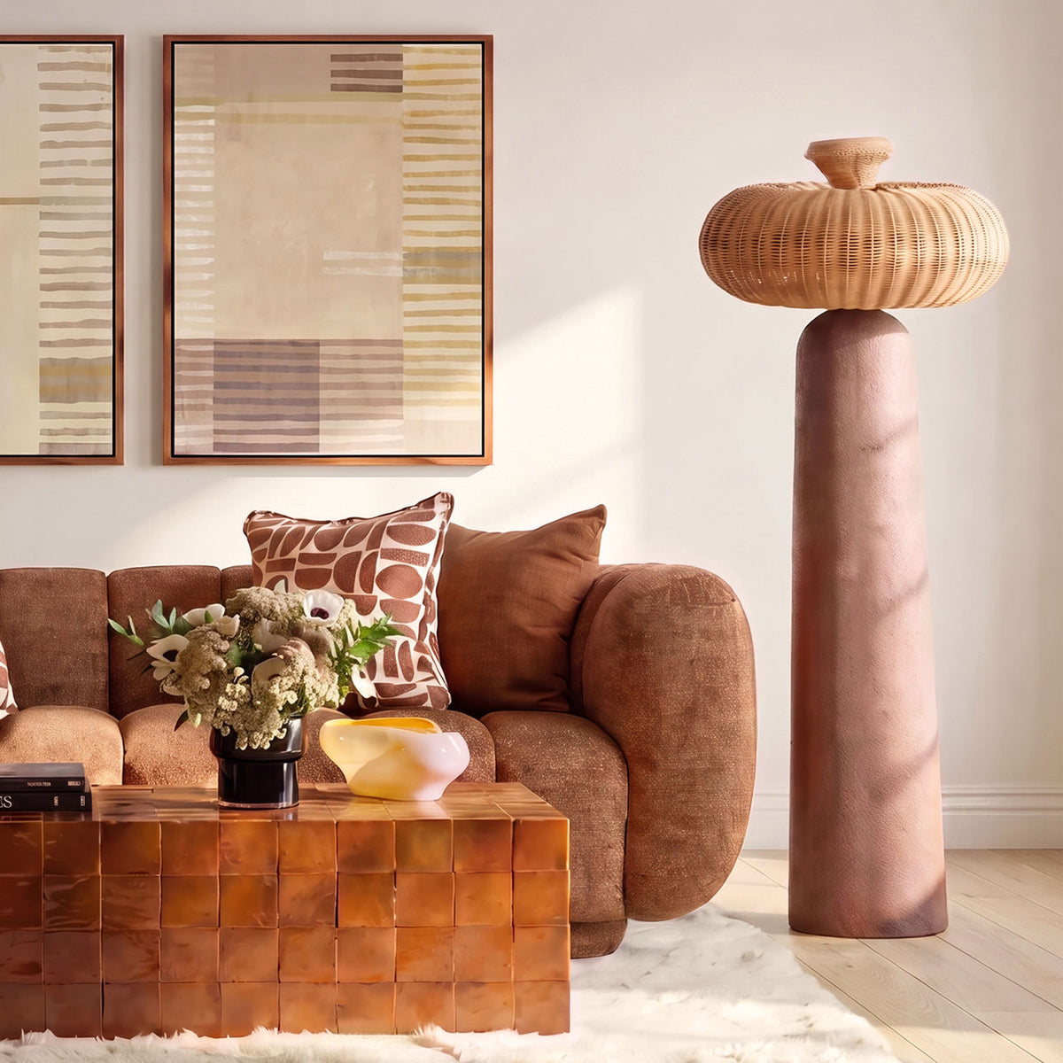 Crafted Fiber Cement and Rattan Floor Lamp