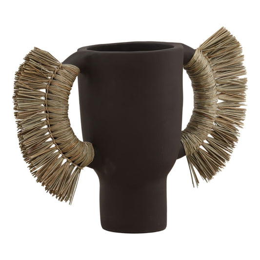 Chocolate Brown Terracotta and Natural Fibers Vase 8.5 in Wide