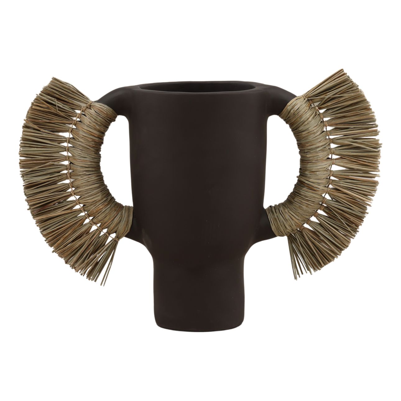 Chocolate Brown Terracotta and Natural Fibers Vase 8.5 in Wide
