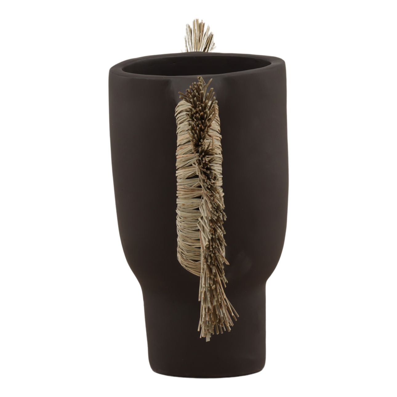 Chocolate Brown Terracotta and Natural Fibers Vase 8.5 in Wide