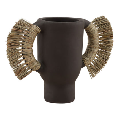 Chocolate Brown Terracotta and Natural Fibers Vase 8.5 in Wide