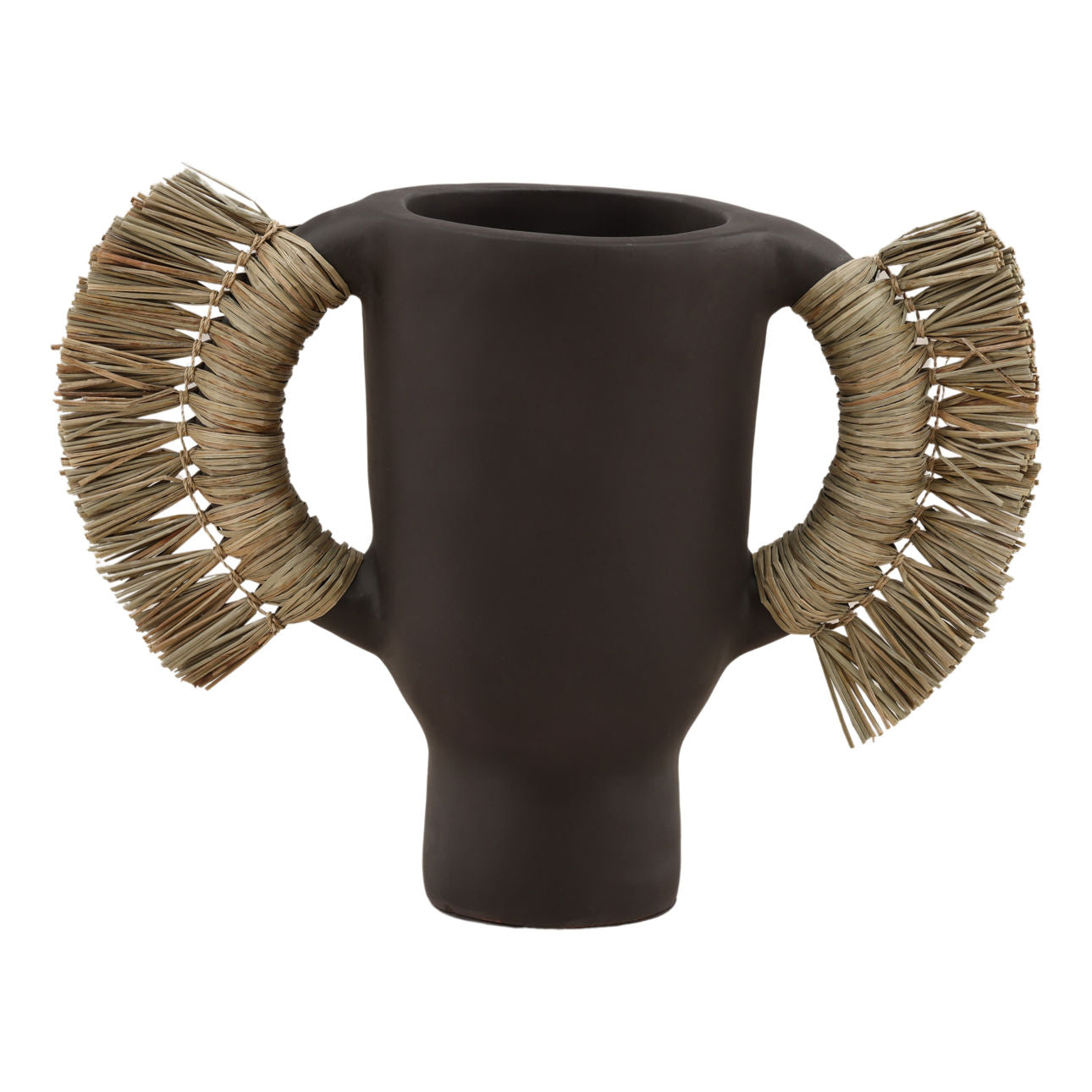 Chocolate Brown Terracotta and Natural Fibers Vase 8.5 in Wide
