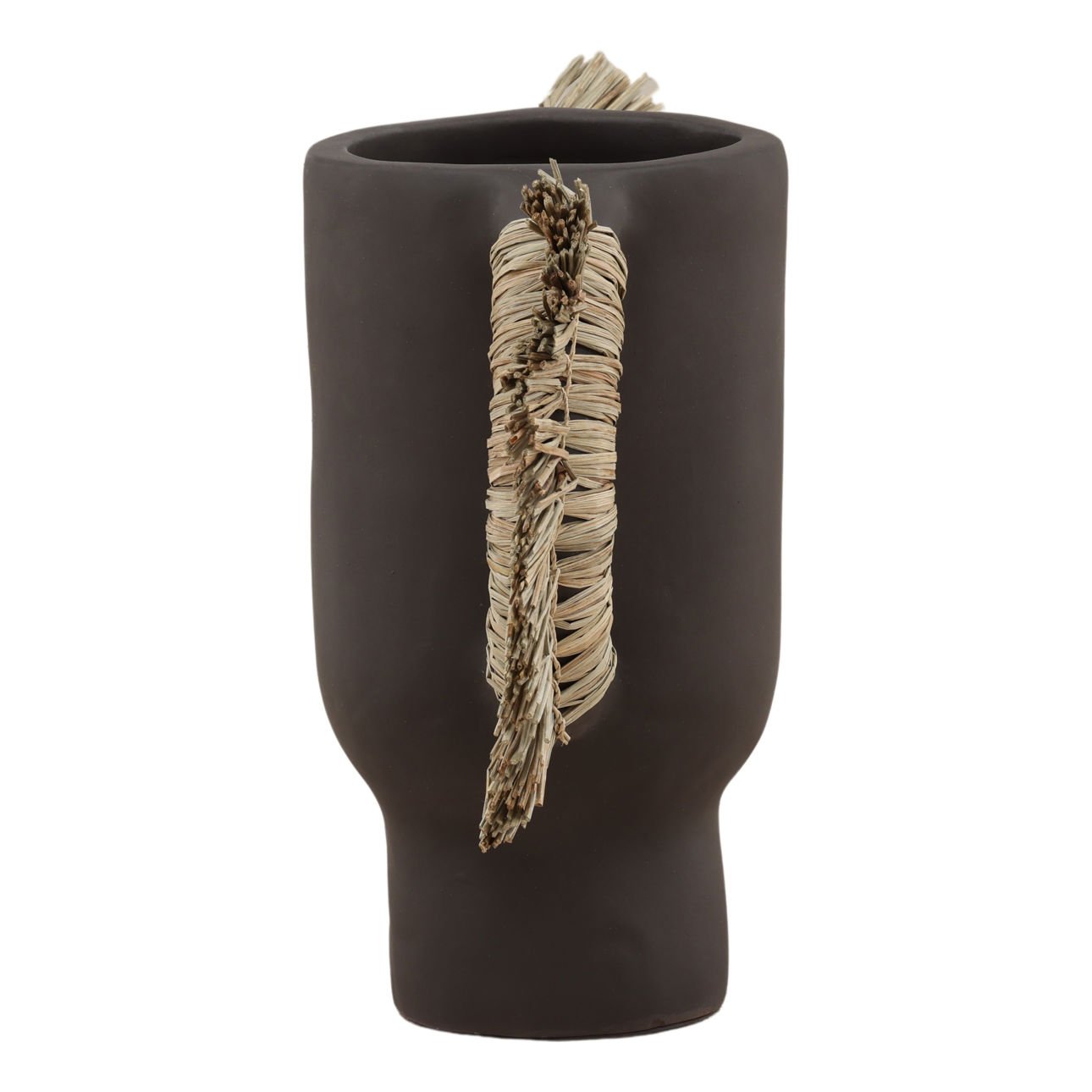 Chocolate Brown Terracotta and Natural Fibers Vase 8.5 in Wide