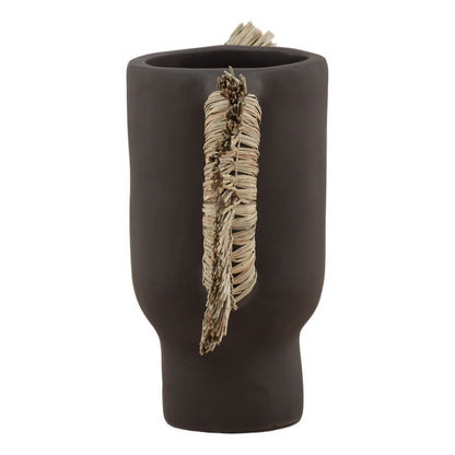Chocolate Brown Terracotta and Natural Fibers Vase 8.5 in Wide