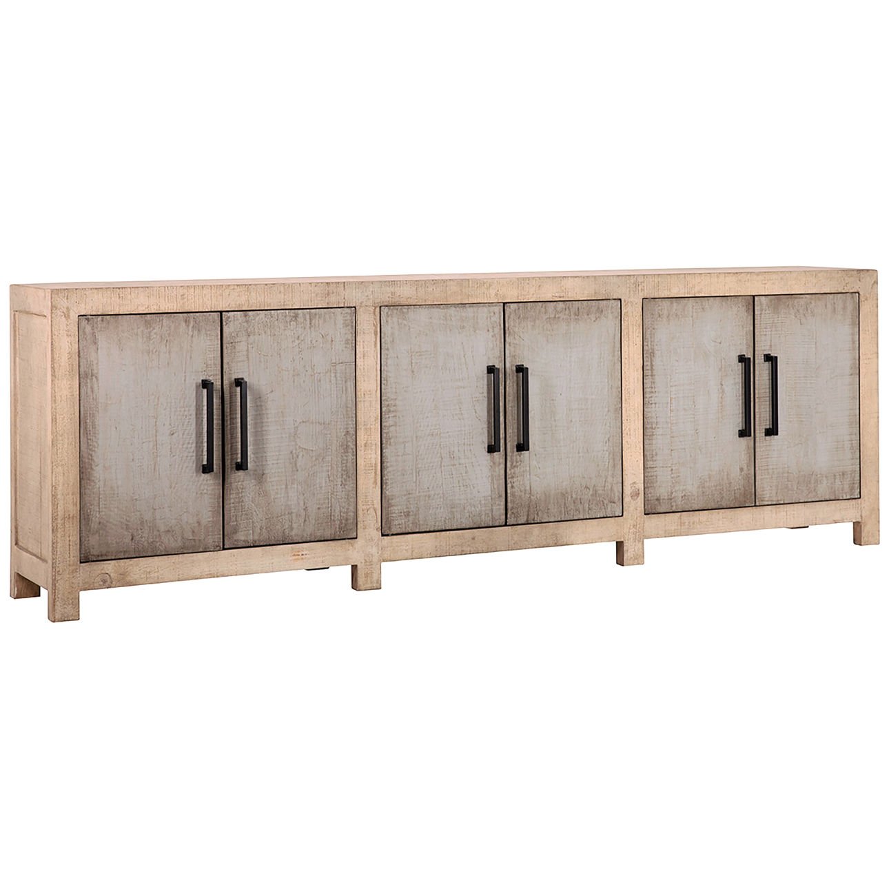 Light and Medium Warm Wash Finish Reclaimed Pine Wood and Iron Handles Sideboard 109 in Wide
