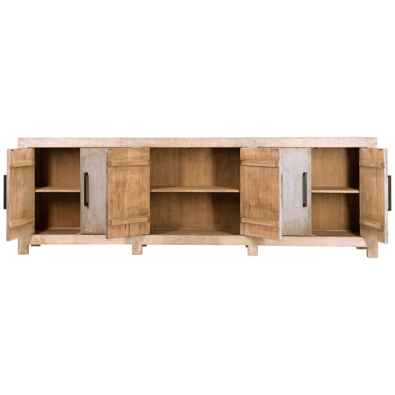 Light and Medium Warm Wash Finish Reclaimed Pine Wood and Iron Handles Sideboard 109 in Wide
