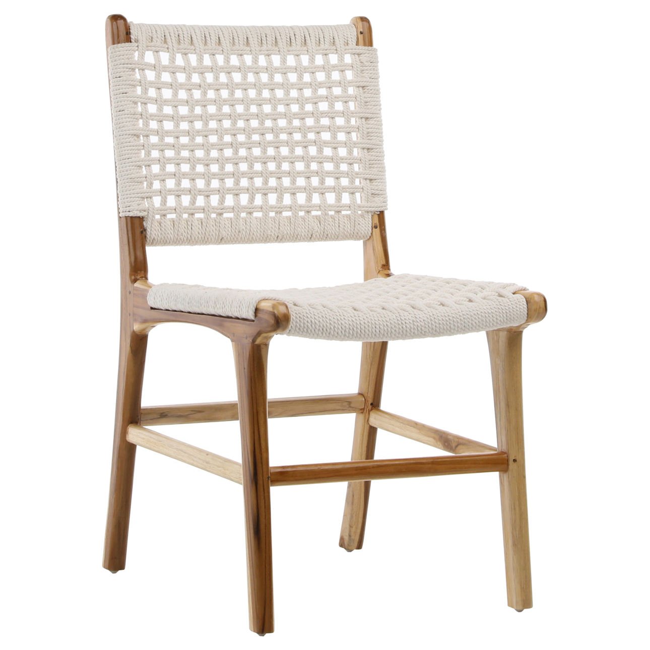 Natural White Rope with Natural Stain Teak Frame Teak Wood Frame and Cotton Rope Weaving Chair 19 in Wide