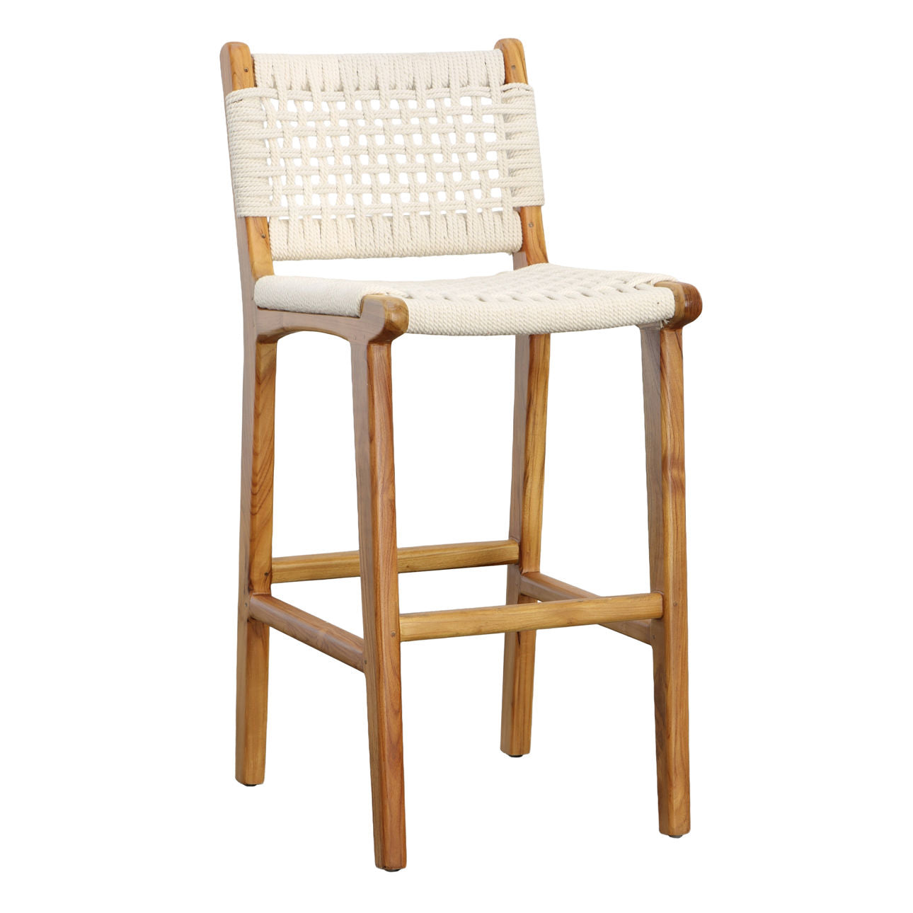 Natural Finish with White Rope Solid Teak Wood and Cotton Rope Stool 16.5 in Wide
