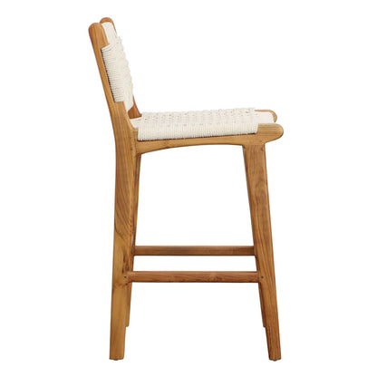 Natural Finish with White Rope Solid Teak Wood and Cotton Rope Stool 16.5 in Wide