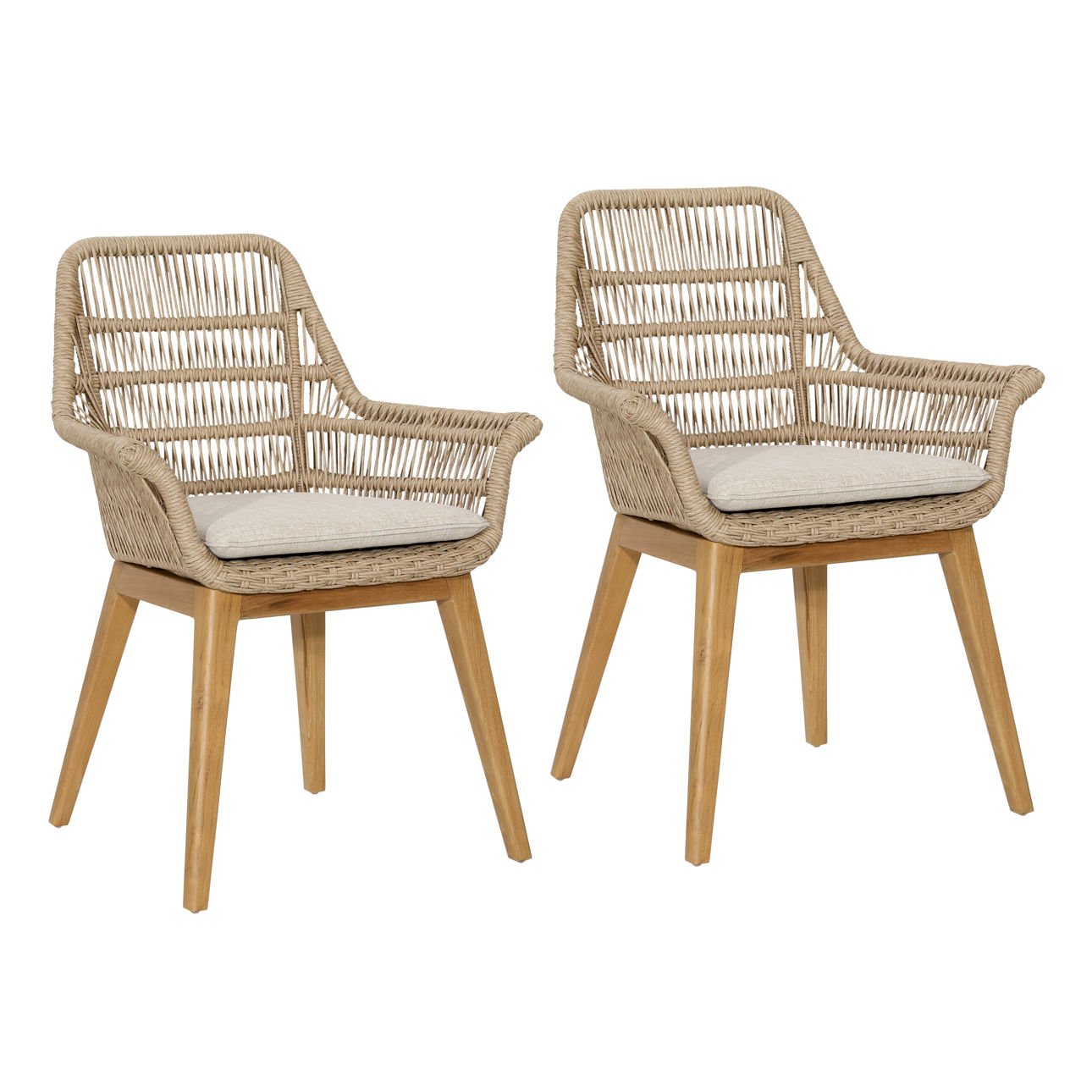 Natural and Ivory Cushion Teak Wood, Aluminum, Synthetic Rattan and Olefin Upholstery Chair 27 in Wide