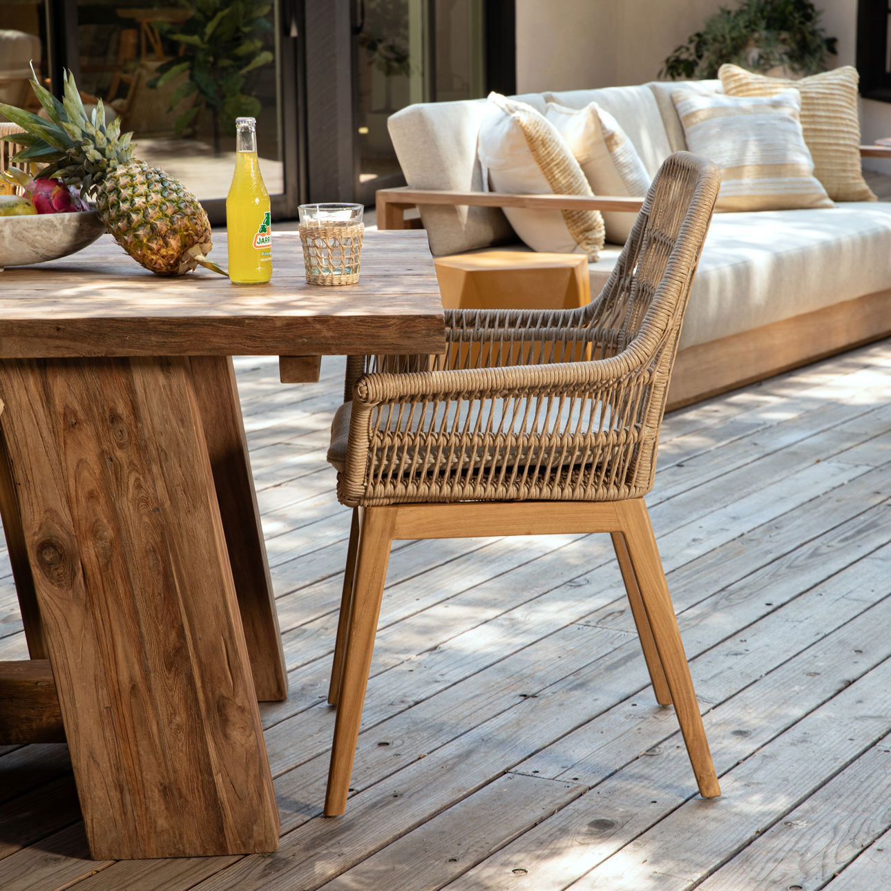 Natural and Ivory Cushion Teak Wood, Aluminum, Synthetic Rattan and Olefin Upholstery Chair 27 in Wide