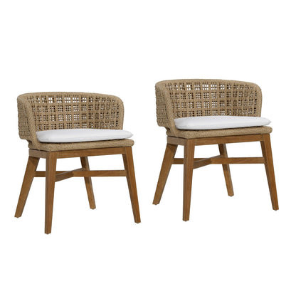 Natural and Ivory Cushion Teak Wood, Synthetic Rope and Olefin Upholstery Chair 23 in Wide