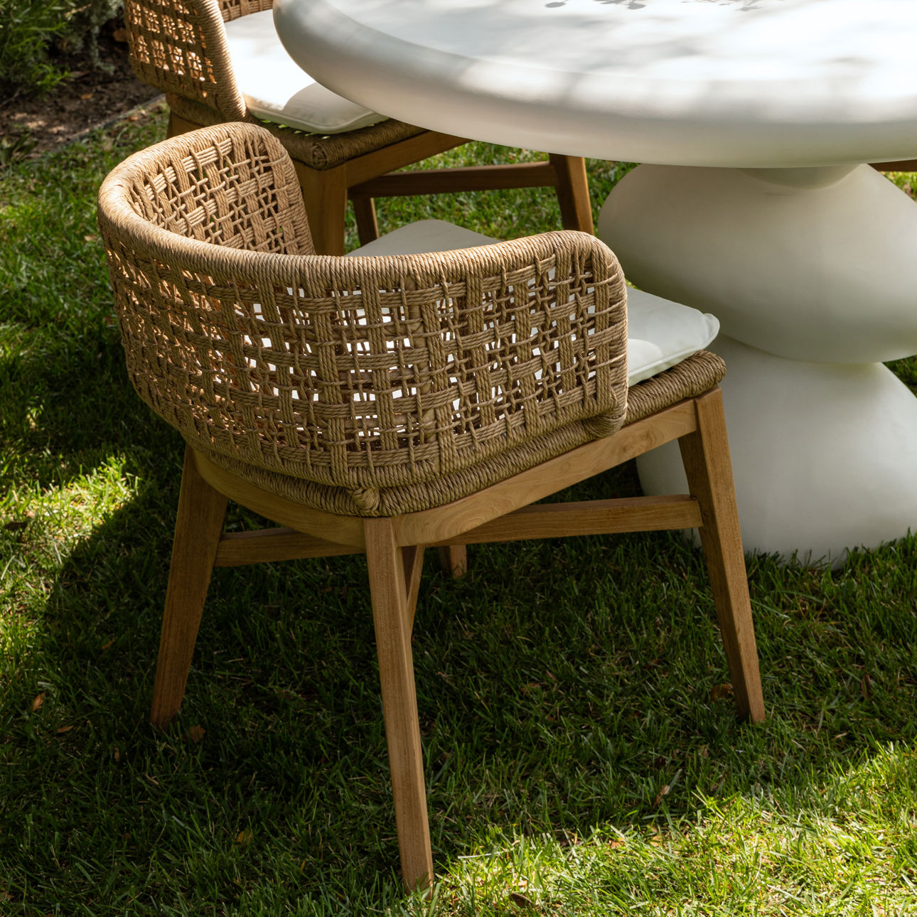 Natural and Ivory Cushion Teak Wood, Synthetic Rope and Olefin Upholstery Chair 23 in Wide