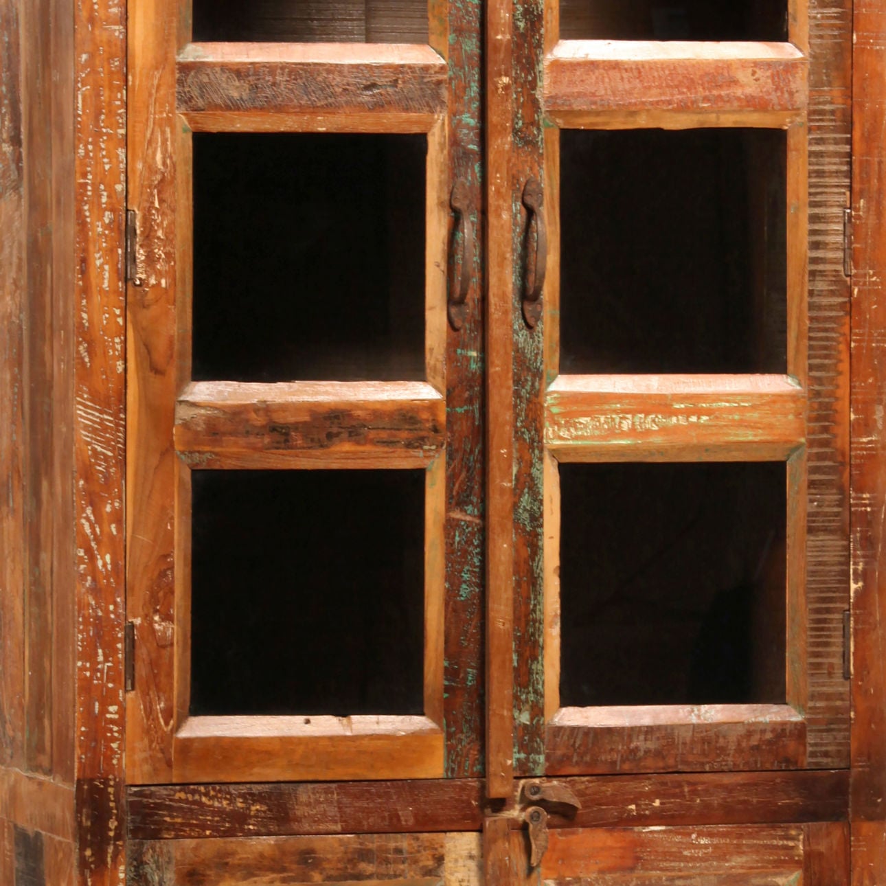 Medium Brown Distressed Paint and Seal Reclaimed Mango Wood and Glass Doors Cabinet 36 in Wide
