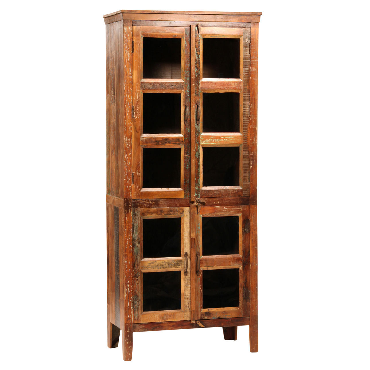 Medium Brown Distressed Paint and Seal Reclaimed Mango Wood and Glass Doors Cabinet 36 in Wide